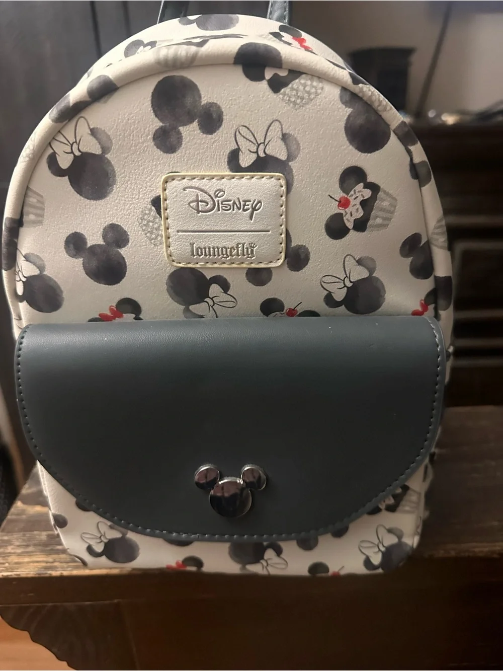 Disney Loungefly Minnie Mouse Gray Patterned Mini Backpack & Cardholder